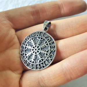 Eliz 925 Sterling Silver Pendant Vegvisir Icelandic Magical Stave Norse Compass Runes Futhark Viking Occult Talisman Protective Amulet
