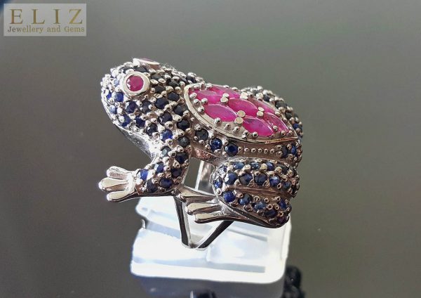 Eliz Sterling Silver 925 Frog Ring Genuine Precious Sapphire and Ruby Big&Small
