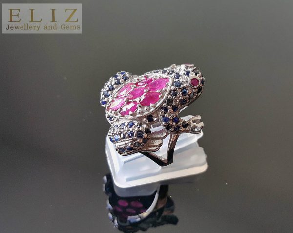 Eliz Sterling Silver 925 Frog Ring Genuine Precious Sapphire and Ruby Big&Small
