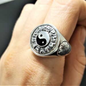 925 Sterling Silver Yin Yang Chinese Horoscope Zodiac Spinning Signet Ring Meditation Spinner Talisman Harmony Amulet Universe Cycles Eliz