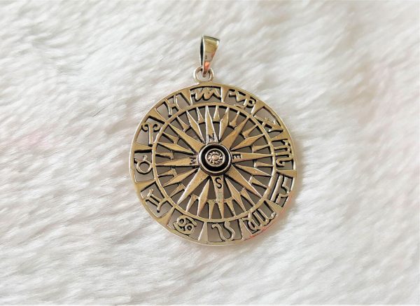 Eliz STERLING SILVER 925 Compass Horoscope Wind Rose Sacred Symbols Astrology Symbol North South East West Talisman Amulet