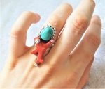 Sterling Silver 925 Natural Turquoise & Italian Red Coral Ring Handmade Unique Design Excluisve