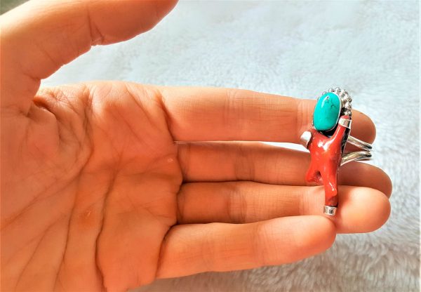 Sterling Silver 925 Natural Turquoise & Italian Red Coral Ring Handmade Unique Design Excluisve