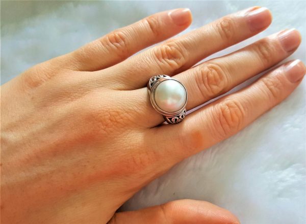 Eliz Sterling Silver 925 Natural Ocean Mobe Pearl Ring Elegant Classic Exclusive Gift Talisman