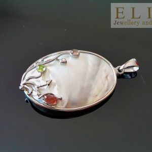 Eliz Sterling Silver 925 Genuine Green&Pink Tourmaline Mother of Pearl shell Pendant Natural Gemstone Talisman Amulet