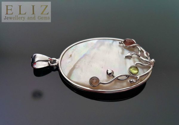 Eliz Sterling Silver 925 Genuine Green&Pink Tourmaline Mother of Pearl shell Pendant Natural Gemstone Talisman Amulet