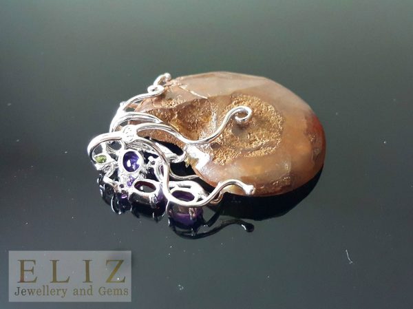 Eliz STERLING SILVER 925Natural Druzy Ammonite Fossil Gemstones Amethyst Garnet Peridot Tourmaline Pendant