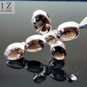 Eliz 925 Sterling Silver Cross/Pendant Smoky Quartz Sparkling Concave Cut Gemstone Talisman Amulet GIFT BAPTISM 16.5 gr