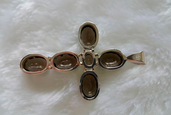 Eliz 925 Sterling Silver Cross/Pendant Smoky Quartz Sparkling Concave Cut Gemstone Talisman Amulet GIFT BAPTISM 16.5 gr