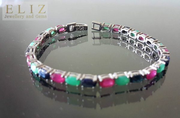 Genuine Sapphire Emerald Ruby STERLING SILVER 925 Tennis Gift Bracelet 7 inches Natural Gemstones