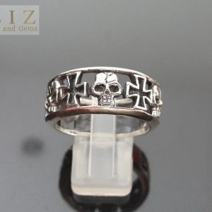Eliz 925 Sterling Silver Handmade Skull Iron Cross Biker Rocker Goth Ring