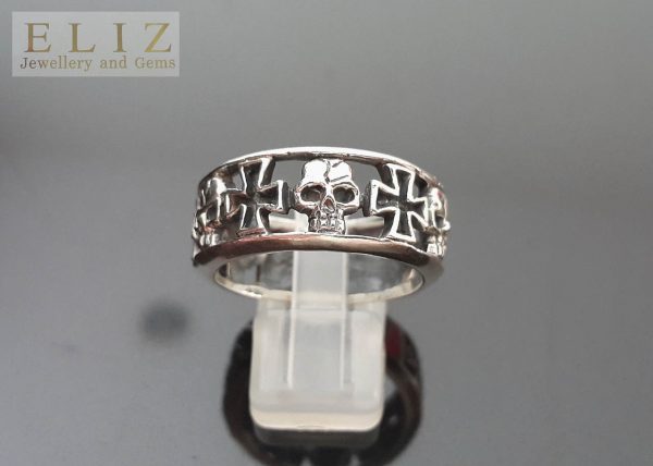 Eliz 925 Sterling Silver Handmade Skull Iron Cross Biker Rocker Goth Ring