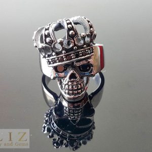 925 Sterling Silver Royal Skull Crown Ring Black Cubic Zirconia King Royal  iced eyes and crown Skull Punk Goth Biker Rocker