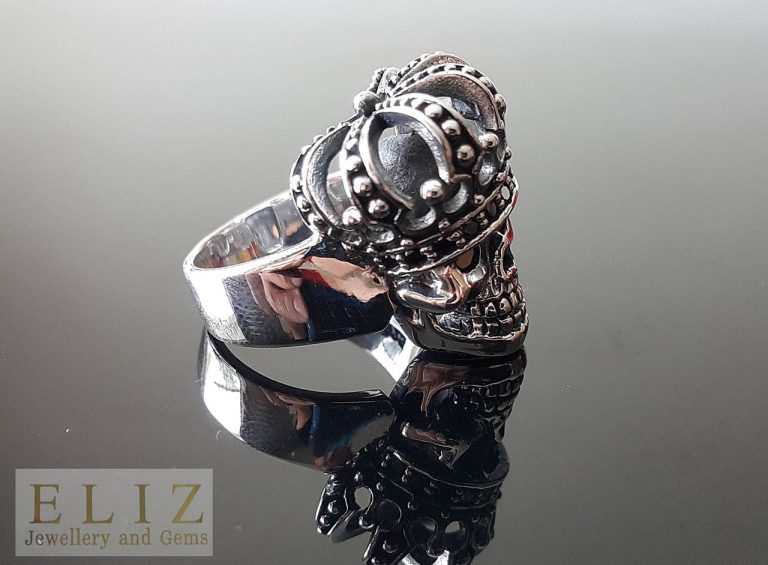 Sterling Silver Red Eye Robot Skull Biker Ring - 27g, 0.875" X 1.25" Face, .925 Stamp, Garnet Or Cubic Zirconia Eyes
