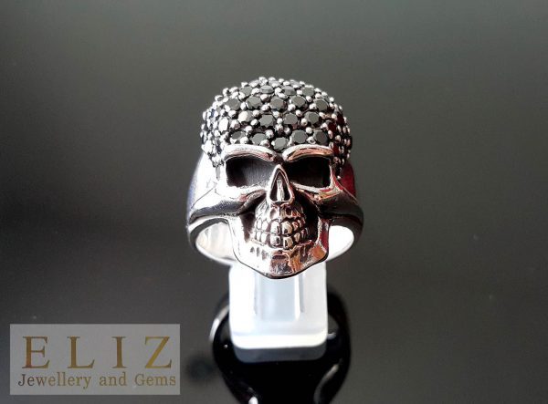 Eliz Exclusive Skull 925 Sterling Silver Black Diamond Cubic Zirconia Skull Punk Goth Biker Rocker Ring