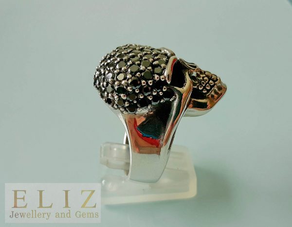 Eliz Exclusive Skull 925 Sterling Silver Black Diamond Cubic Zirconia Skull Punk Goth Biker Rocker Ring