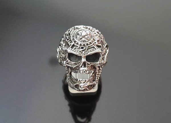 Eliz 925 Sterling Silver Pentagram Skull Gear Head Sugar Skull Excluisve Skull Ring Rock Punk Goth Handmade 17 grams