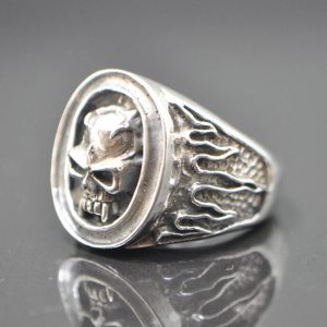 Eliz 925 Sterling Silver Skull Ring Fire Demon Skull Signet Ring
