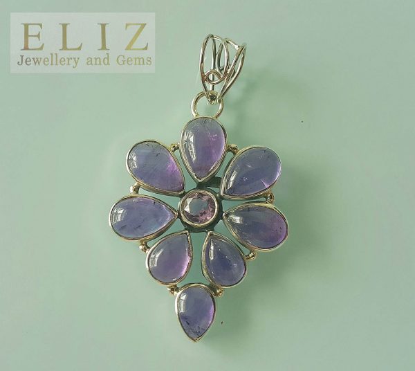 Eliz Genuine Amethyst Cabochon Cut Sterling Silver 925 Pendant Natural Gemstone Flower Exclusive Gift