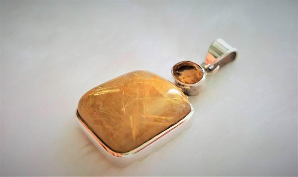 Eliz STERLING SILVER 925 Natural Golden Rutile Quartz "Venus' Hair" Crystal of Wealth & CITRINE Pendant Exclusive Gift Talisman Amulet