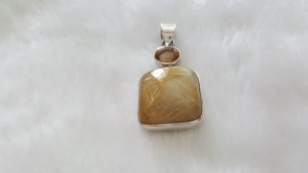 Eliz STERLING SILVER 925 Natural Golden Rutile Quartz "Venus' Hair" Crystal of Wealth & CITRINE Pendant Exclusive Gift Talisman Amulet