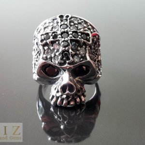 Exclusive Sterling Silver 925 Skull Ring Black/White Cubic Zirconia iced eyes Cross Fleur de Lis Jaw Skull Punk Goth Biker Rocker