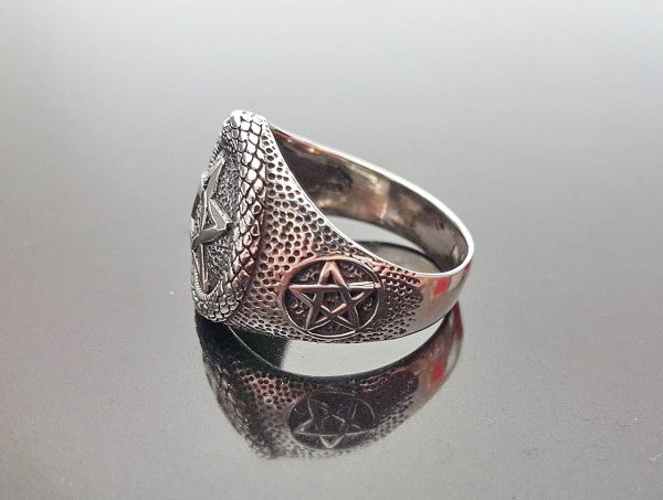 Eliz 925 Sterling silver Ring Talisman Pentargam Ouroboros Snake eating Tale Wiccan Talisman Amulet Sacred Symbols