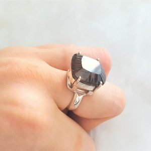 Eliz 925 Sterling Silver Ring Extra Large Genuine Smoky Quartz Gemstone Concave Cut