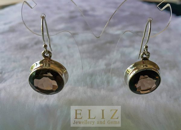 Sterling Silver Earrings Natural Smoky Quartz Round shape