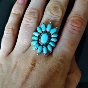 Eliz Sterling Silver 925 Natural TURQUOISE Flower Exclusive Handmade One of a kind Sunflower Bouquet Size Adjustable 7.5-9