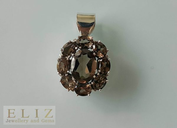 Eliz Large Sterling Silver Pendant Genuine Smoky Quartz Flower Exclusive Custom Made Gift