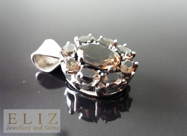 Eliz Large Sterling Silver Pendant Genuine Smoky Quartz Flower Exclusive Custom Made Gift