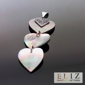Eliz Sterling Silver 925 Mother of Pearl Long Pendant 3 hearts Love Talisman Triple Heart