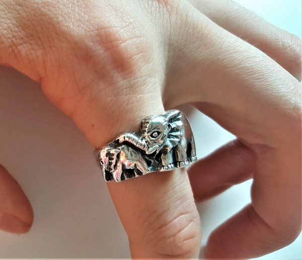 Eliz STERLING SILVER 925 Ring Elephant Family Baby Elepant Good Luck Ring Talisman Love Amulet Handmade