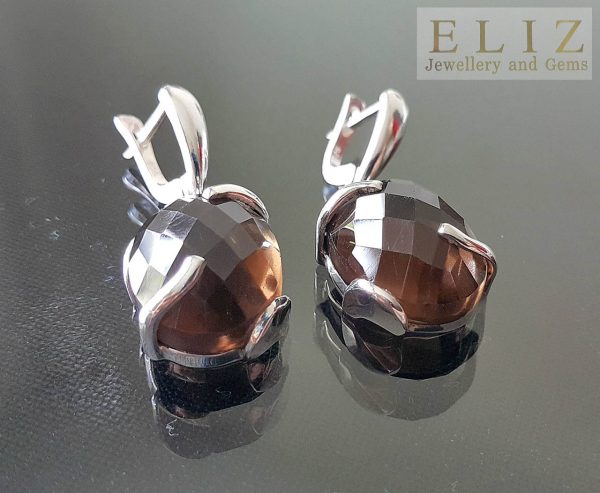 Eliz Sterling Silver 925 Earrings HUGE Genuine Smoky Quartz Natural Faceted Gemstone 15.5 grams