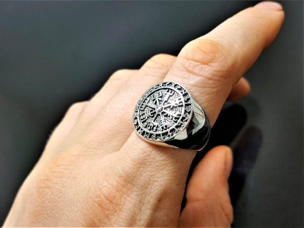 Vegvisir Icelandic Magical Stave Ring 925 Sterling Silver Runic Compass Pagan Sacred Island Symbols Talisman Amulet Norse Viking