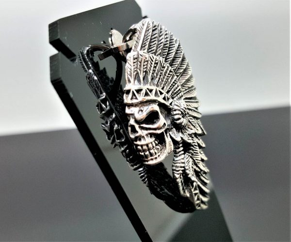 American Indian Skull STERLING SILVER 925 Pendant Native American Tribal Chief Biker Rocker Fathers Day Gift for him