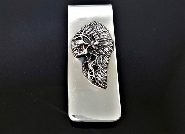 STERLING SILVER 925 Money Clip American Indian Skull Native American Tribal Chief Biker Rocker Fathers Day Gift for him Heavy 36 grams