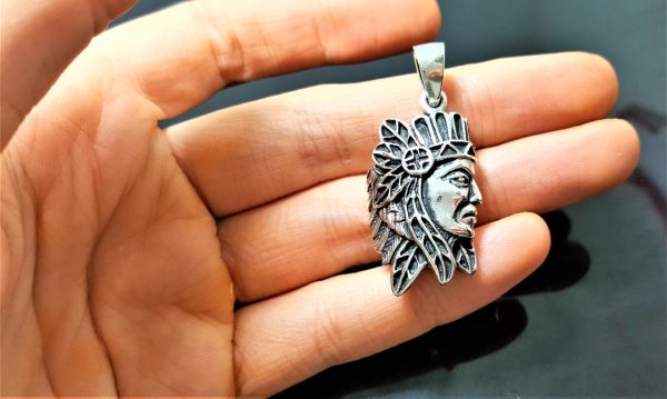 925 Sterling Silver American Red Indian Tribal Chief Profile Pendant Native American Handmade Talisman Amulet Eliz