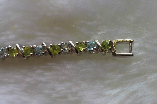 925 Sterling Silver Genuine Peridot Blue Topaz Tennise Bracelet Natural Gemstones 7,5 inches