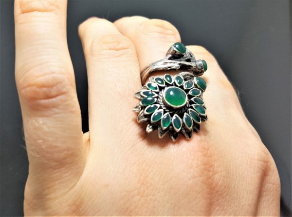 925 Sterling Silver Chrysoprase Ring Sun flower Green Agate Gemstone Unique Sunflower Gift Adjustable Ring