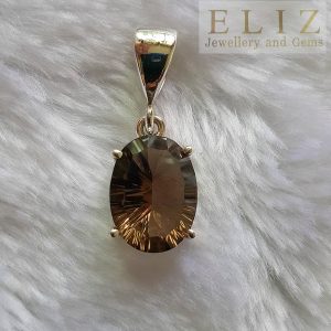 Eliz STERLING SILVER 925 Genuine Smoky Quartz Sparkling Concave Faceted Gemstone Pendant Talisman Amulet