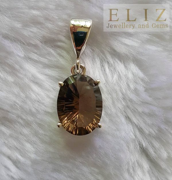 Eliz STERLING SILVER 925 Genuine Smoky Quartz Sparkling Concave Faceted Gemstone Pendant Talisman Amulet