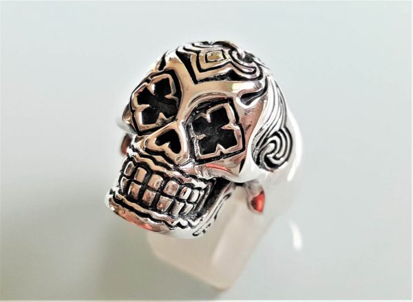Sterling Silver Skull Tribal Fleur De Lis Skull Ring Biker Rock Heavy 27 grams Exclusive Design