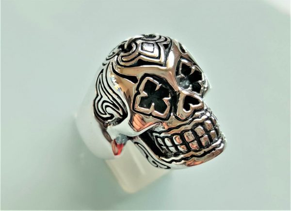 Sterling Silver Skull Tribal Fleur De Lis Skull Ring Biker Rock Heavy 27 grams Exclusive Design