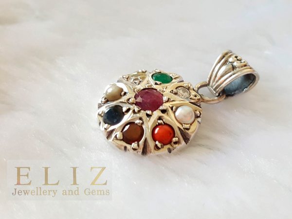 Eliz 925 Sterling Silver Multi Stones Genuine Ruby Emerald Sapphire Garnet Pearl, Lemon Quartz & CZ Amulet Sun Symbol Natural Gemstones