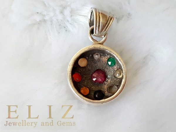 Eliz 925 Sterling Silver Multi Stones Genuine Ruby Emerald Sapphire Garnet Pearl, Lemon Quartz & CZ Amulet Sun Symbol Natural Gemstones