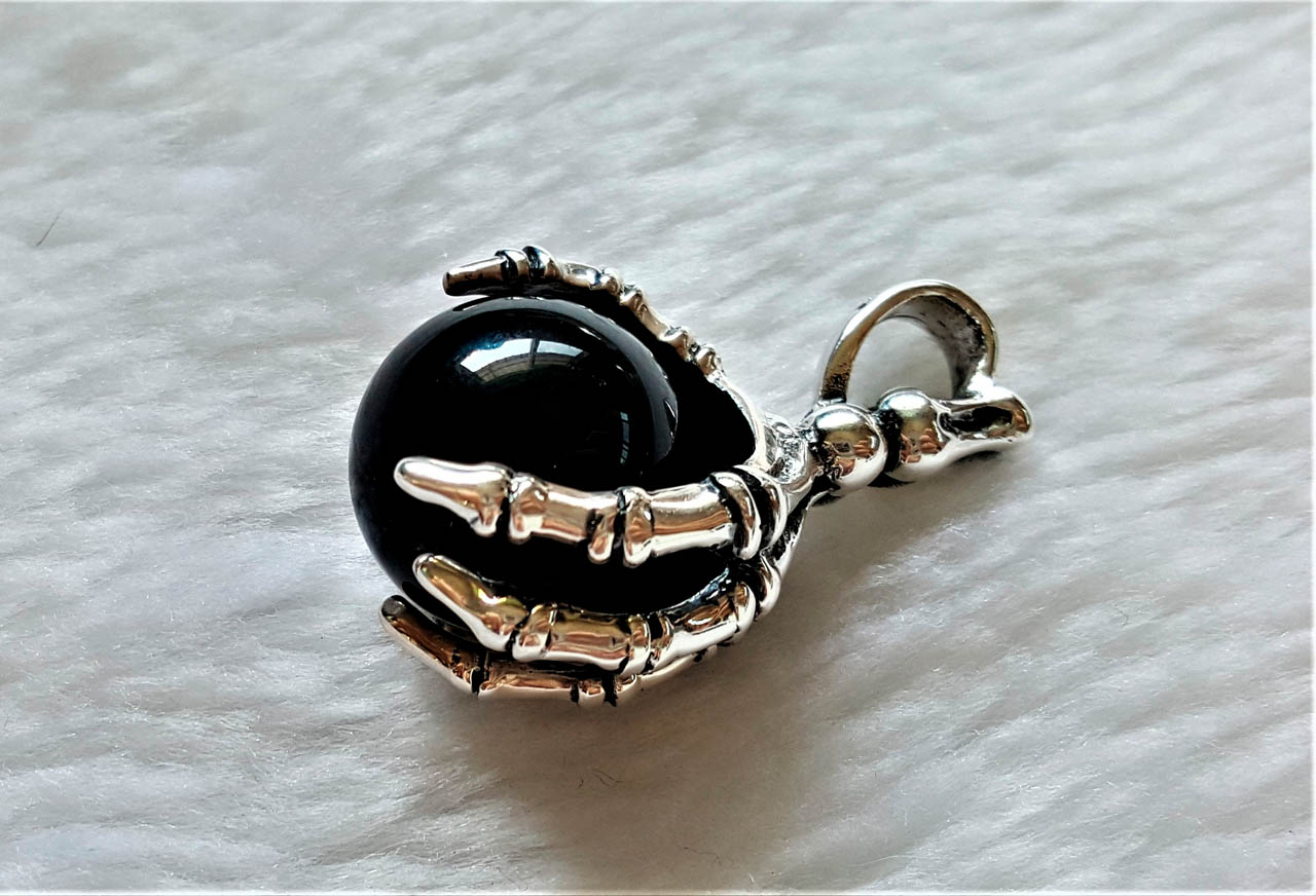 SKELETON Hand Pendant 925 Sterling Silver Black Onyx Ball Sphere ...