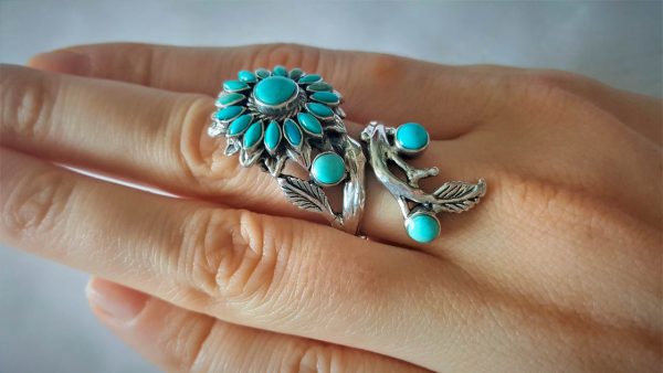 925 Sterling Silver Turquoise Ring Sun flower Unique Sunflower Gift Adjustable Ring