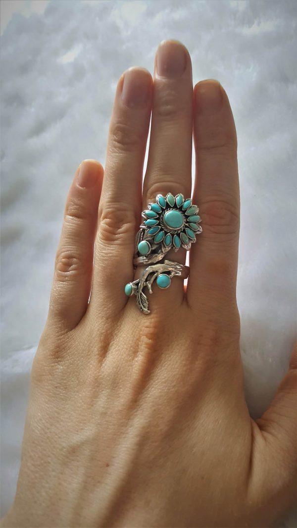 925 Sterling Silver Turquoise Ring Sun flower Unique Sunflower Gift Adjustable Ring